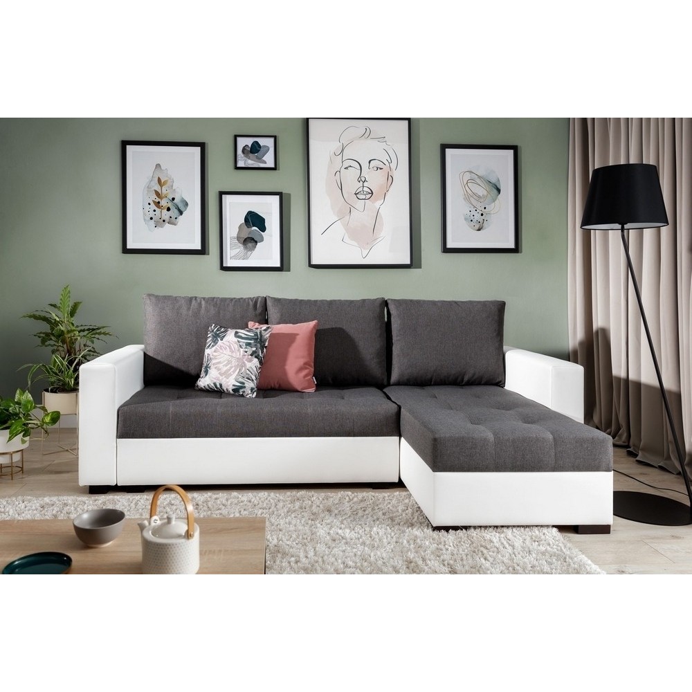 Canapé d'angle convertible en tissu luxe gris foncé et simili cuir blanc, 5 places, avec coffre, angle droit (vu de face), NESTO Canapé d'angle convertible en tissu luxe gris foncé et simili cuir blanc, 5 places, avec coffre, angle droit (vu de face), NESTO