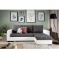 Canapé d'angle convertible en tissu luxe gris foncé et simili cuir blanc, 5 places, avec coffre, angle droit (vu de face), NESTO Canapé d'angle convertible en tissu luxe gris foncé et simili cuir blanc, 5 places, avec coffre, angle droit (vu de face), NESTO