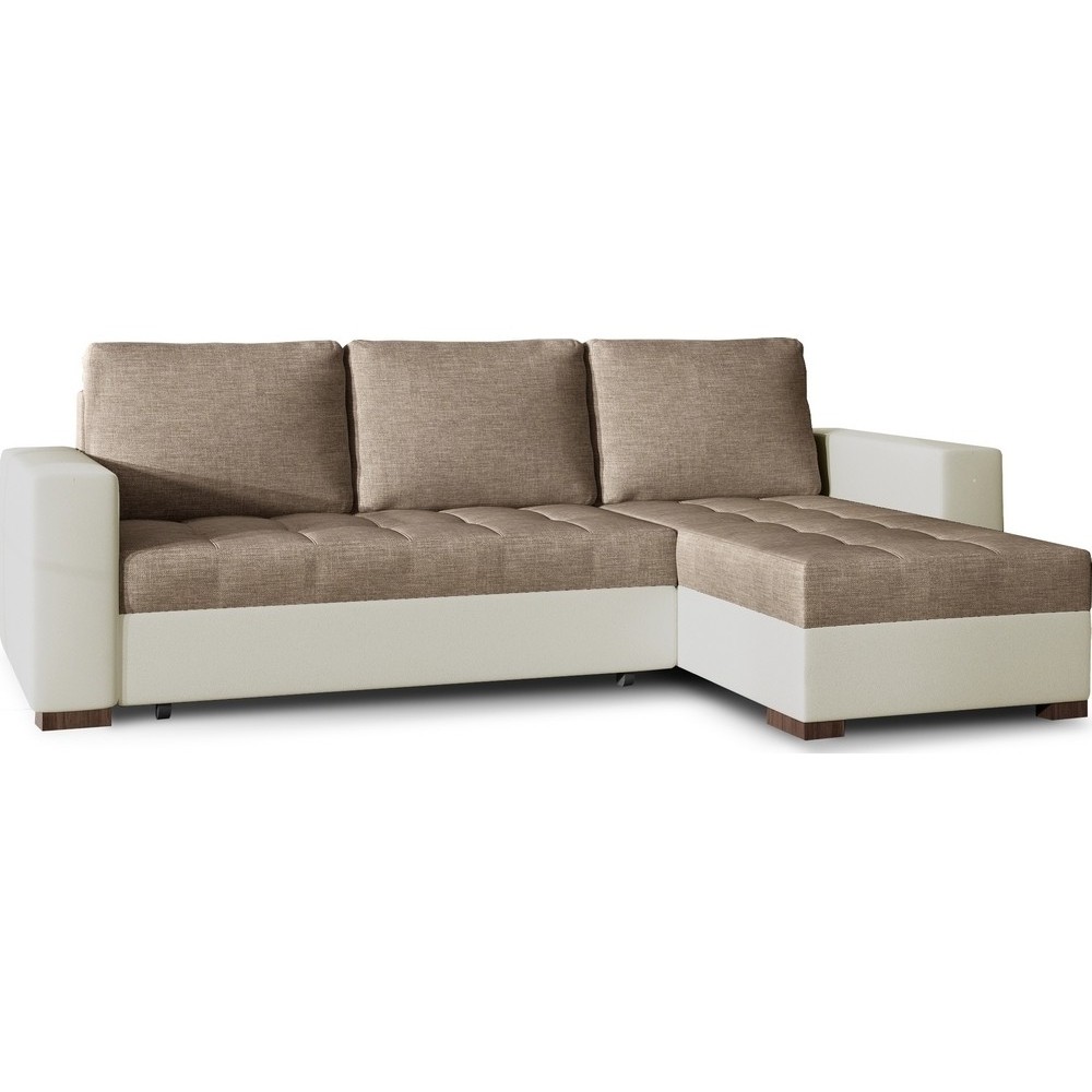 Canapé d'angle convertible en tissu luxe marron et simili cuir beige, 5 places, avec coffre, angle droit (vu de face), NESTOR Canapé d'angle convertible en tissu luxe marron et simili cuir beige, 5 places, avec coffre, angle droit (vu de face), NESTOR