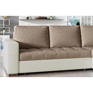 Canapé d'angle convertible en tissu luxe marron et simili cuir beige, 5 places, avec coffre, angle droit (vu de face), NESTOR