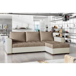 Canapé d'angle convertible en tissu luxe marron et simili cuir beige, 5 places, avec coffre, angle droit (vu de face), NESTOR