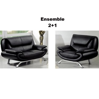 Ensemble composé d'un canapé 2 places et d'un fauteuil en cuir luxe italien, noir, JONAH