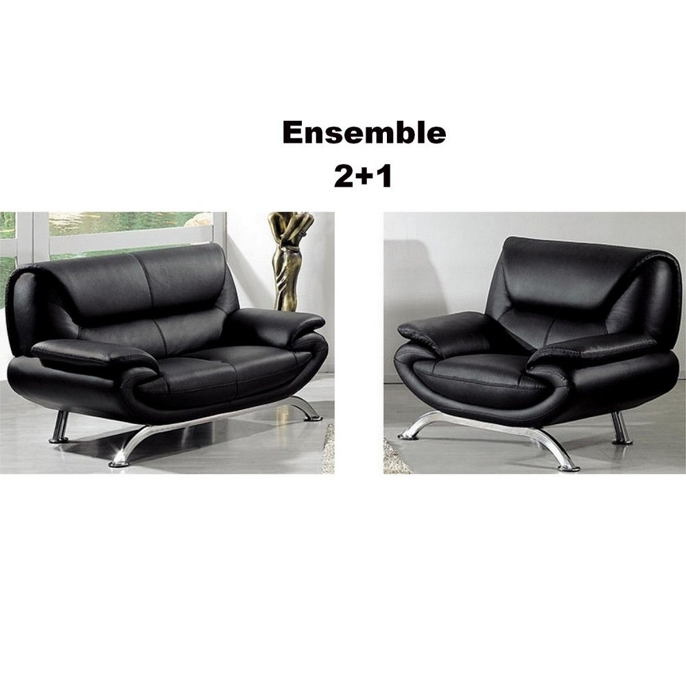 Ensemble composé d'un canapé 2 places et d'un fauteuil en cuir luxe italien, noir, JONAH Ensemble composé d'un canapé 2 places et d'un fauteuil en cuir luxe italien, noir, JONAH