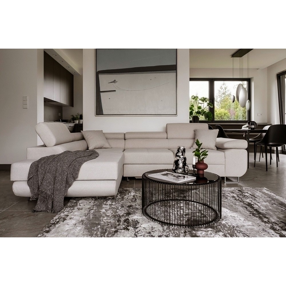 - Canapé d'angle convertible en tissu luxe 5 places, ANNECY, couleur beige clair, angle gauche