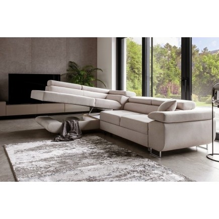 - Canapé d'angle convertible en tissu luxe 5 places, ANNECY, couleur beige clair, angle gauche