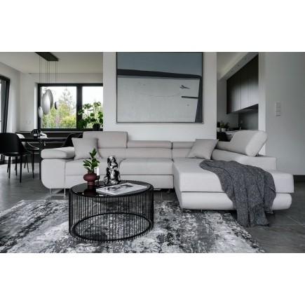 Canapé d'angle convertible en tissu luxe 5 places, ANNECY, couleur gris clair, angle droit