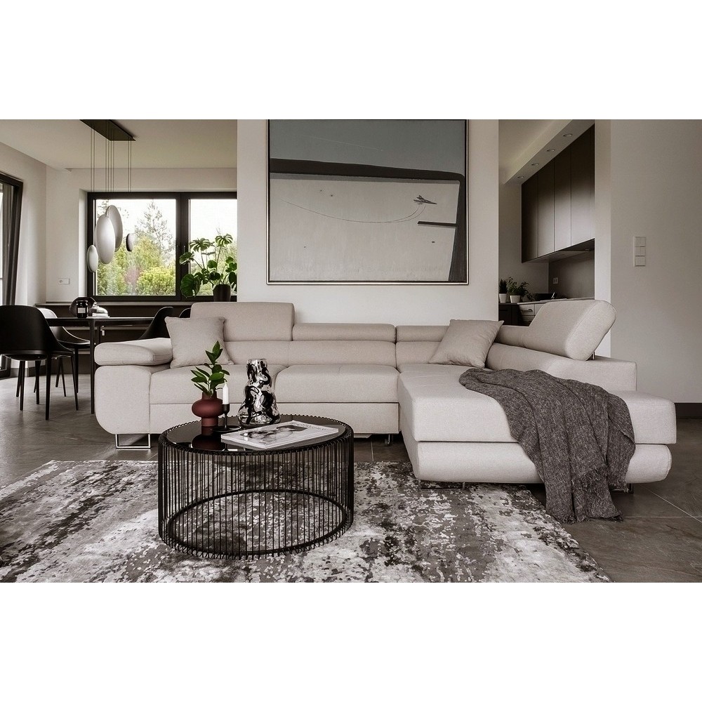Canapé d'angle convertible en tissu luxe 5 places, ANNECY, couleur beige clair, angle droit Canapé d'angle convertible en tissu luxe 5 places, ANNECY, couleur beige clair, angle droit