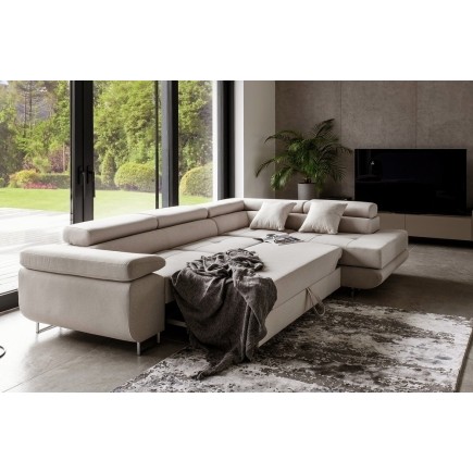 Canapé d'angle convertible en tissu luxe 5 places, ANNECY, couleur beige clair, angle droit