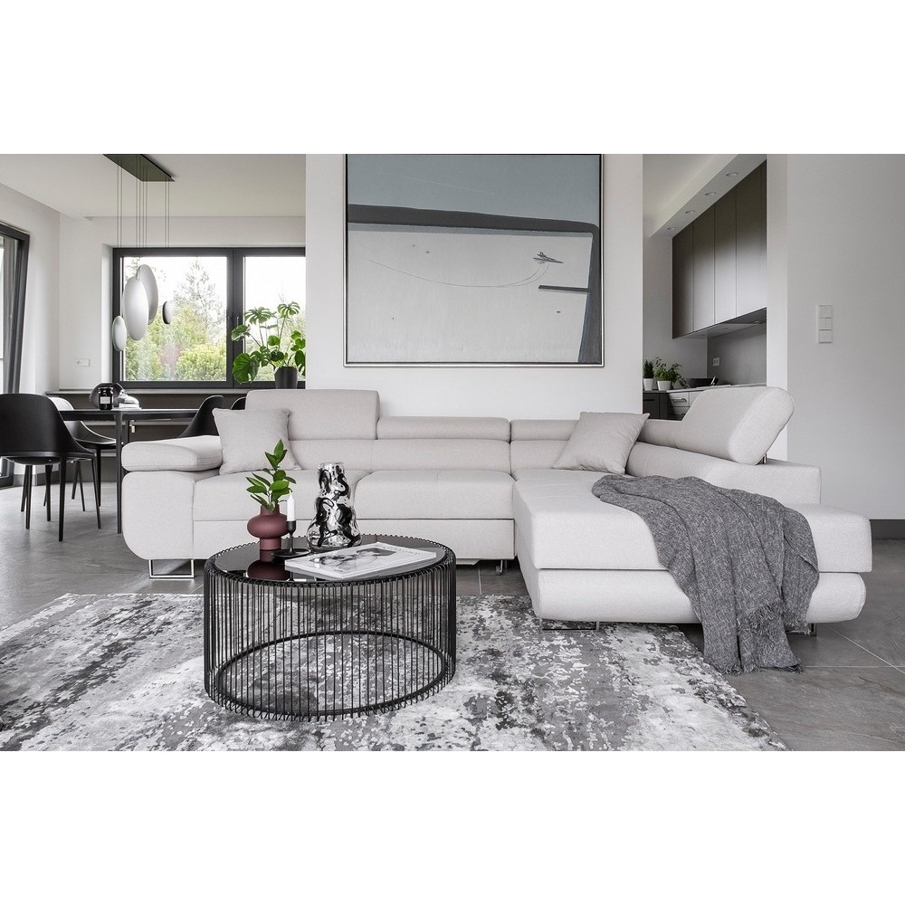 Canapé d'angle convertible en tissu luxe 5 places, ANNECY, couleur ivoire, angle droit (vu de face) Canapé d'angle convertible en tissu luxe 5 places, ANNECY, couleur ivoire, angle droit (vu de face)