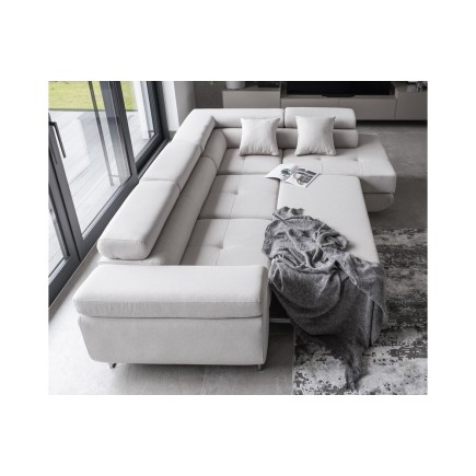 Canapé d'angle convertible en tissu luxe 5 places, ANNECY, couleur ivoire, angle droit (vu de face)