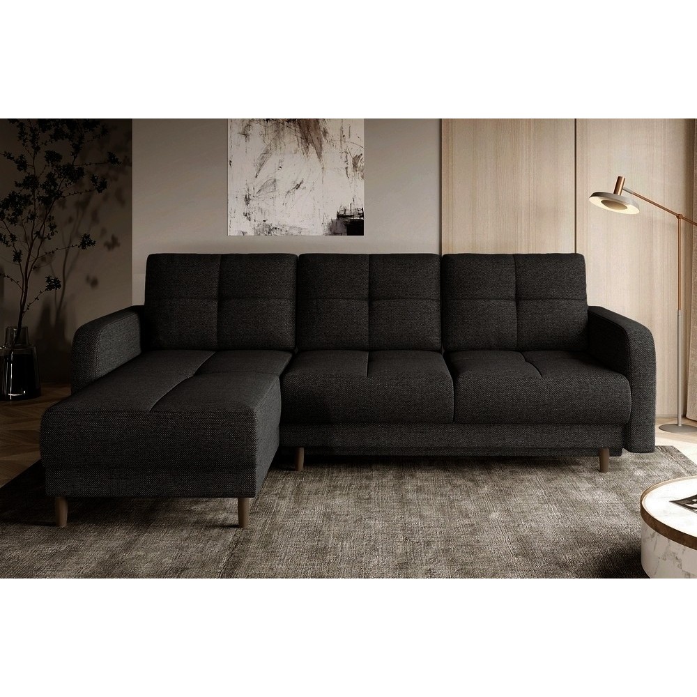 Canapé d'angle convertible en tissu luxe, rangement - noir, angle gauche (vu de face), ROXANE, 4 places Canapé d'angle convertible en tissu luxe, rangement - noir, angle gauche (vu de face), ROXANE, 4 places