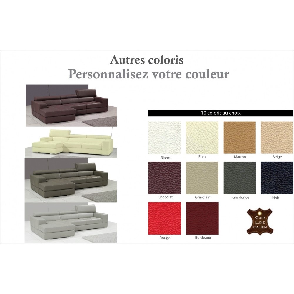 Canapé d'angle en cuir italien 5 places PERLE, couleur personnalisée, angle gauche Canapé d'angle en cuir italien 5 places PERLE, couleur personnalisée, angle gauche