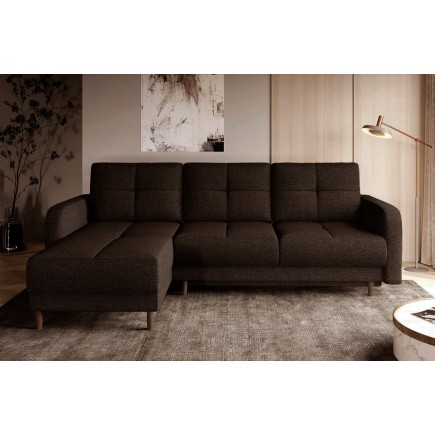 Canapé d'angle convertible en tissu luxe, rangement - chocolat, angle gauche (vu de face), ROXANE
