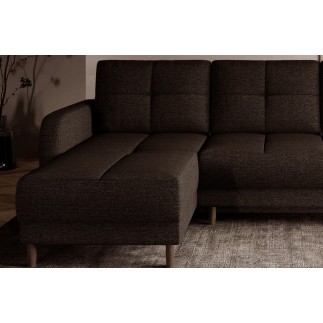 Canapé d'angle convertible en tissu luxe, rangement - chocolat, angle gauche (vu de face), ROXANE, 4 places