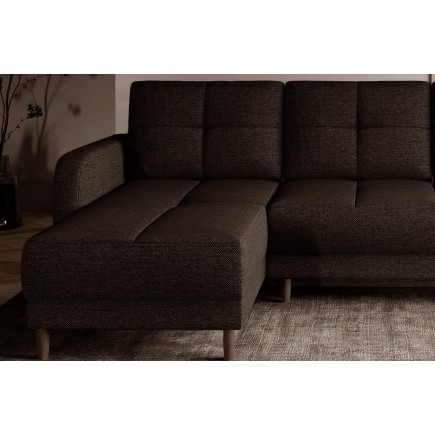 Canapé d'angle convertible en tissu luxe, rangement - chocolat, angle gauche (vu de face), ROXANE, 4 places