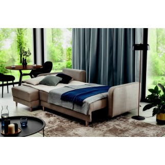 Canapé d'angle convertible en tissu luxe, rangement - chocolat, angle gauche (vu de face), ROXANE