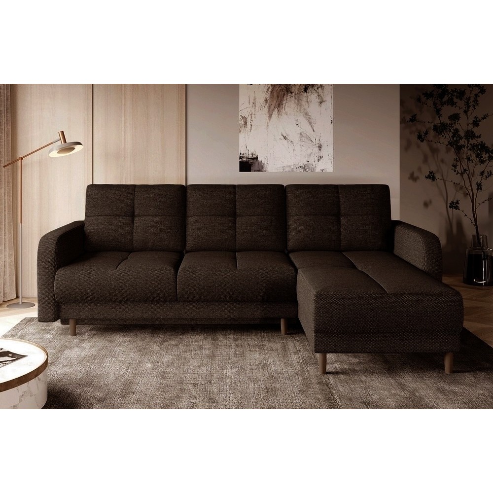 Canapé d'angle convertible en tissu luxe, rangement - chocolat, angle droit (vu de face), ROXANE, 4 places Canapé d'angle convertible en tissu luxe, rangement - chocolat, angle droit (vu de face), ROXANE, 4 places