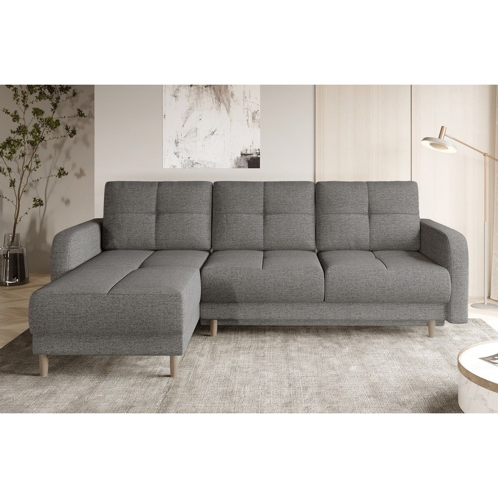 Canapé d'angle convertible en tissu luxe, rangement - gris, angle gauche (vu de face), ROXANE, 4 places Canapé d'angle convertible en tissu luxe, rangement - gris, angle gauche (vu de face), ROXANE, 4 places