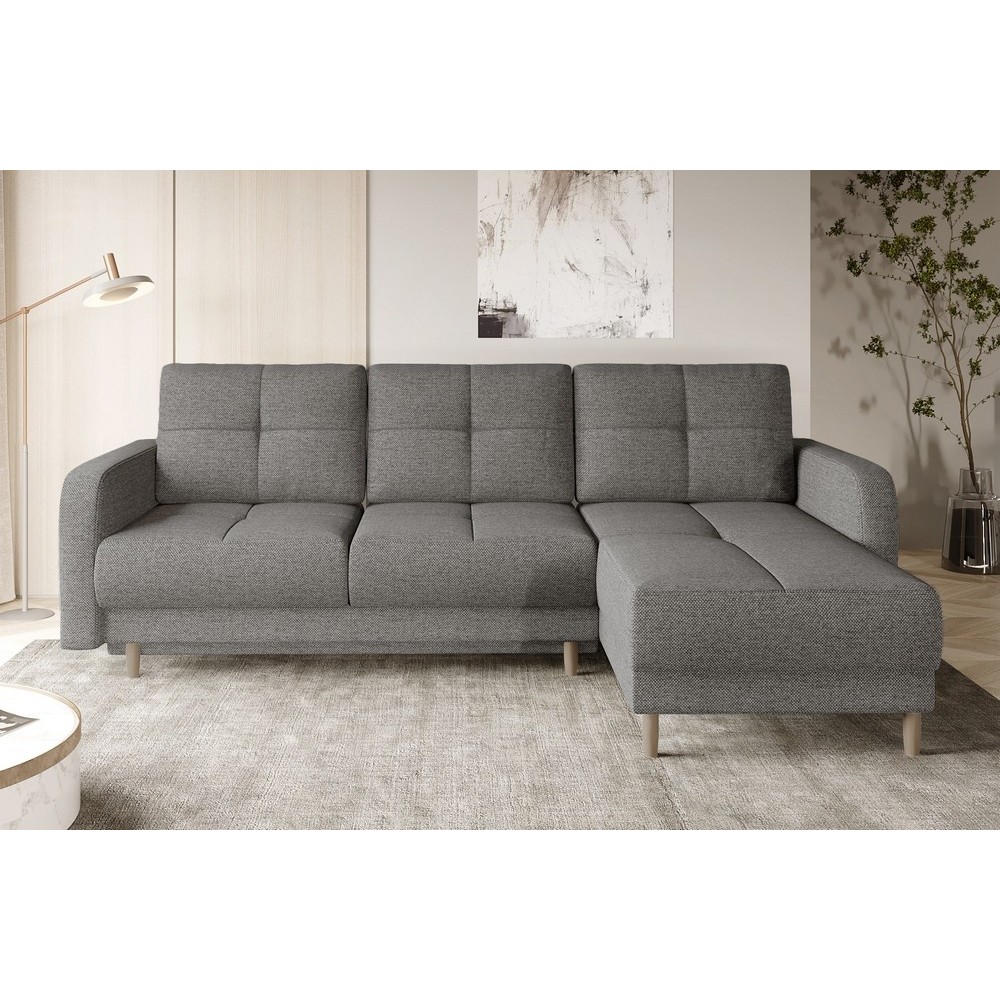 Canapé d'angle convertible en tissu luxe, rangement - gris, angle droit (vu de face), ROXANE, 4 places Canapé d'angle convertible en tissu luxe, rangement - gris, angle droit (vu de face), ROXANE, 4 places