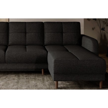 Canapé d'angle convertible en tissu luxe, rangement - noir, angle droit (vu de face), ROXANE, 4 places