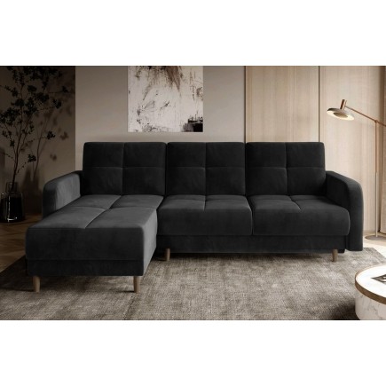 Canapé d'angle convertible en tissu velours luxe, rangement - noir, angle gauche (vu de face), ROXANE VELOURS