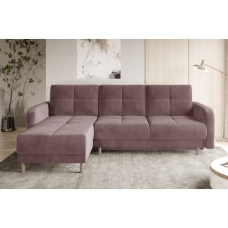 - Canapé d'angle convertible en tissu velours luxe, rangement - rose pale, angle gauche (vu de face), ROXANE VELOURS
