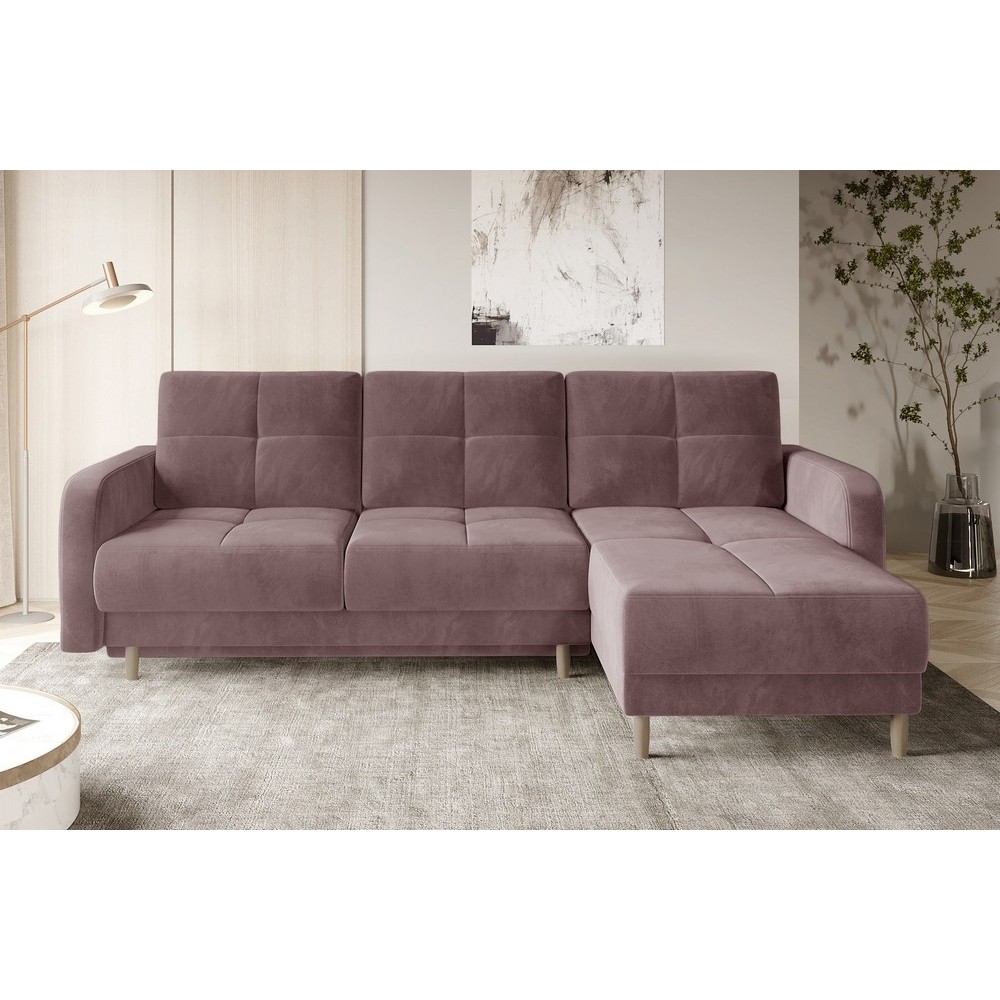 Canapé d'angle convertible en tissu velours luxe, rangement - rose pale, angle droit (vu de face), ROXANE VELOURS, 4 places Canapé d'angle convertible en tissu velours luxe, rangement - rose pale, angle droit (vu de face), ROXANE VELOURS, 4 places