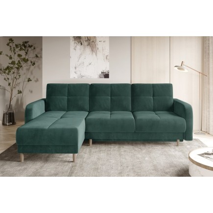 Canapé d'angle convertible en tissu velours luxe, rangement - vert foncé, angle gauche (vu de face), ROXANE VELOURS
