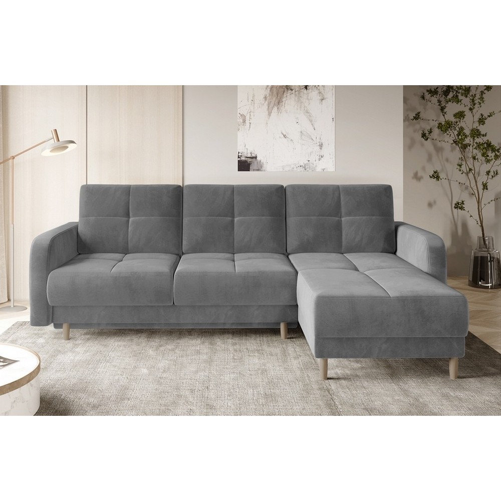 Canapé d'angle convertible en tissu velours luxe, rangement - gris, angle droit(vu de face), ROXANE VELOURS, 4 places Canapé d'angle convertible en tissu velours luxe, rangement - gris, angle droit(vu de face), ROXANE VELOURS, 4 places
