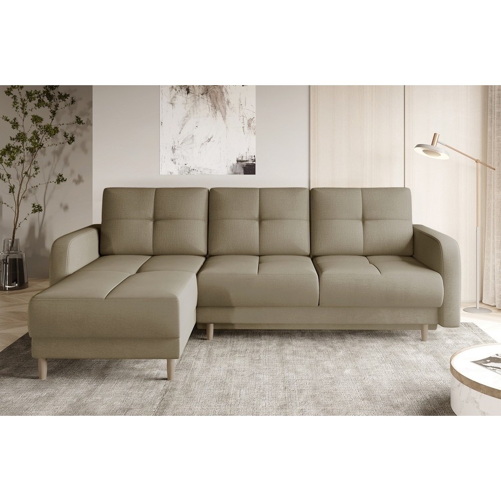 Canapé d'angle convertible en tissu velours luxe, rangement - BEIGE, angle gauche (vu de face), ROXANE VELOURS, 4 places Canapé d'angle convertible en tissu velours luxe, rangement - BEIGE, angle gauche (vu de face), ROXANE VELOURS, 4 places