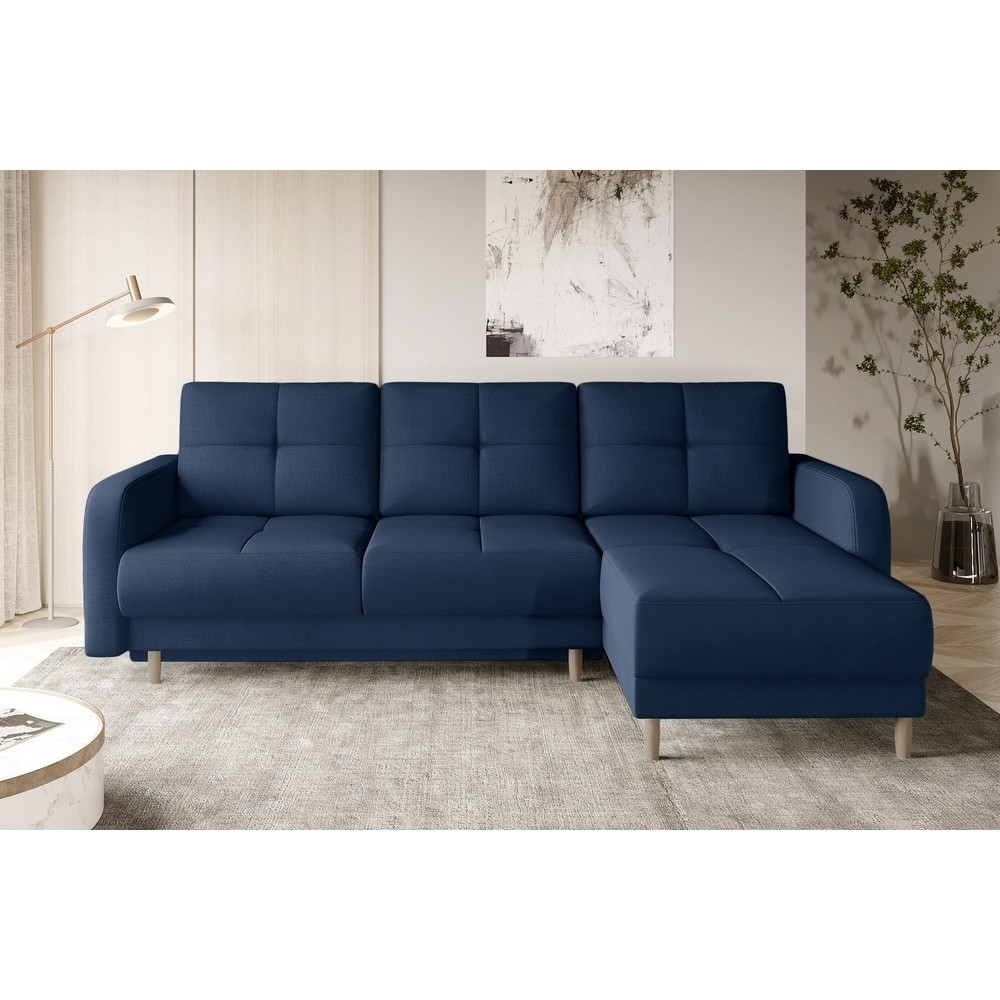Canapé d'angle convertible en tissu velours luxe, rangement - bleu foncé, angle droit (vu de face), ROXANE VELOURS, 4 places Canapé d'angle convertible en tissu velours luxe, rangement - bleu foncé, angle droit (vu de face), ROXANE VELOURS, 4 places