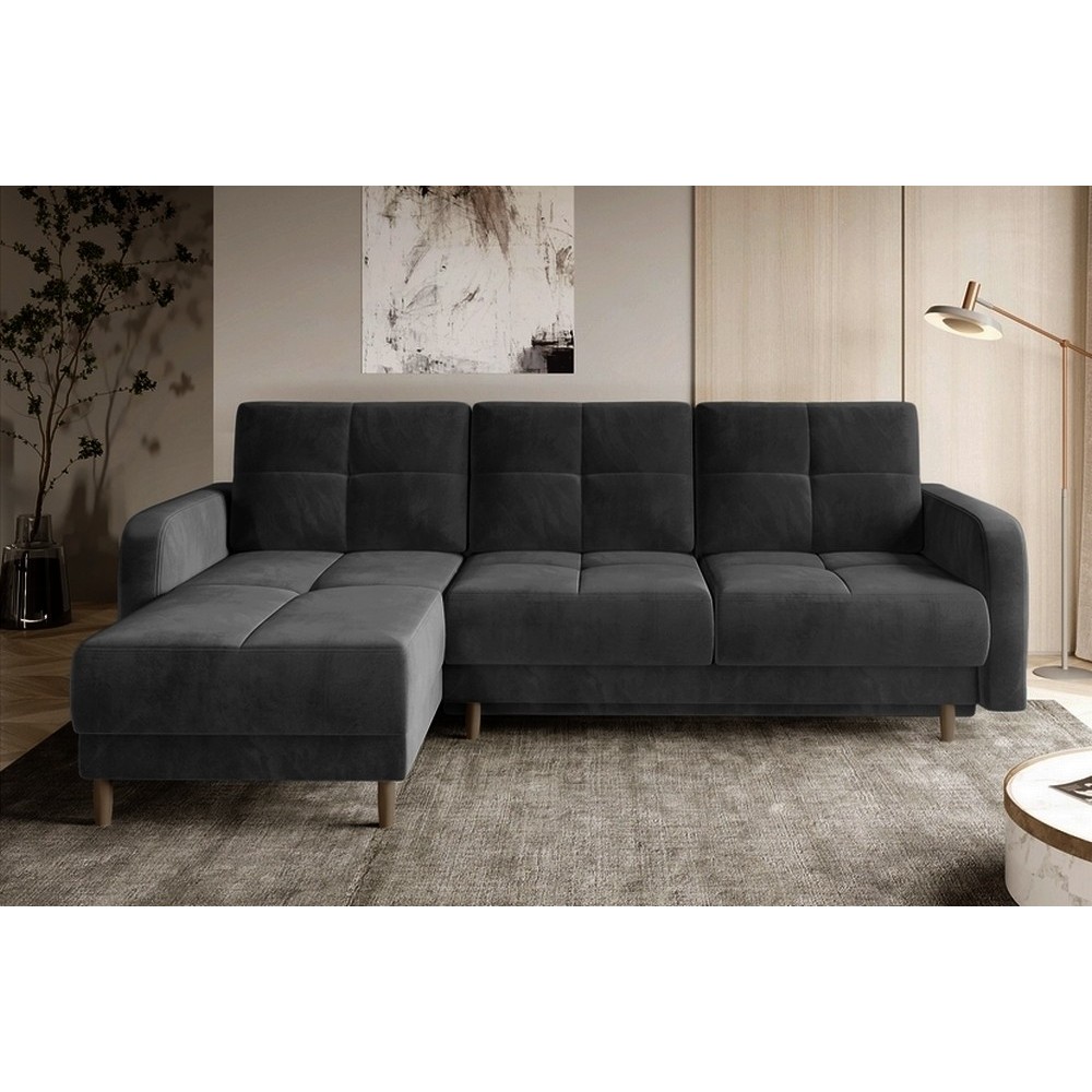 Canapé d'angle convertible en tissu velours luxe, rangement - gris foncé, angle gauche (vu de face), ROXANE VELOURS, 4 places