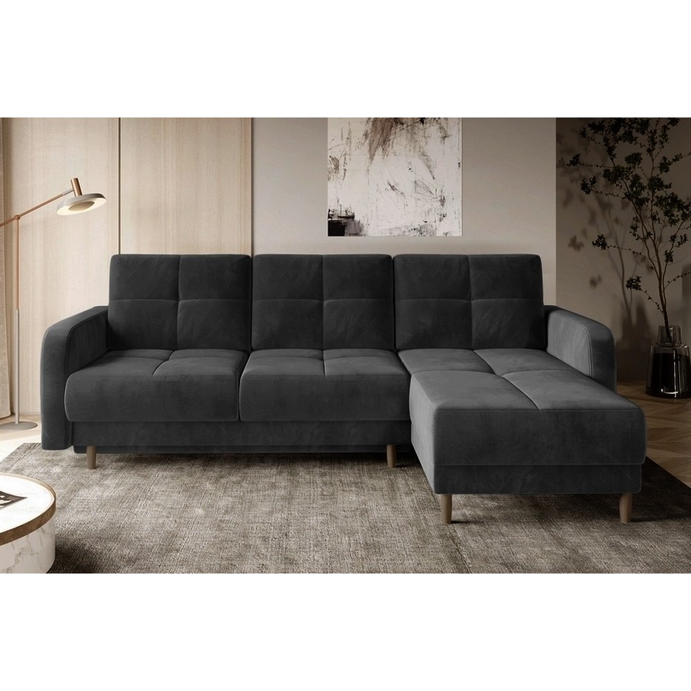 Canapé d'angle convertible en tissu velours luxe, rangement - gris foncé, angle droit (vu de face), ROXANE VELOURS, 4 places Canapé d'angle convertible en tissu velours luxe, rangement - gris foncé, angle droit (vu de face), ROXANE VELOURS, 4 places
