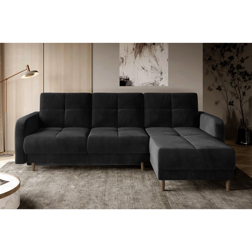 Canapé d'angle convertible en tissu velours luxe, rangement - noir, angle droit(vu de face), ROXANE VELOURS, 4 places Canapé d'angle convertible en tissu velours luxe, rangement - noir, angle droit(vu de face), ROXANE VELOURS, 4 places