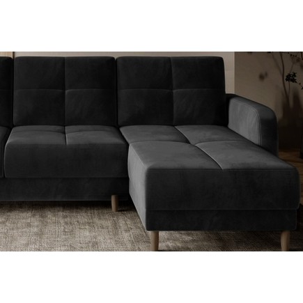 Canapé d'angle convertible en tissu velours luxe, rangement - noir, angle droit(vu de face), ROXANE VELOURS, 4 places
