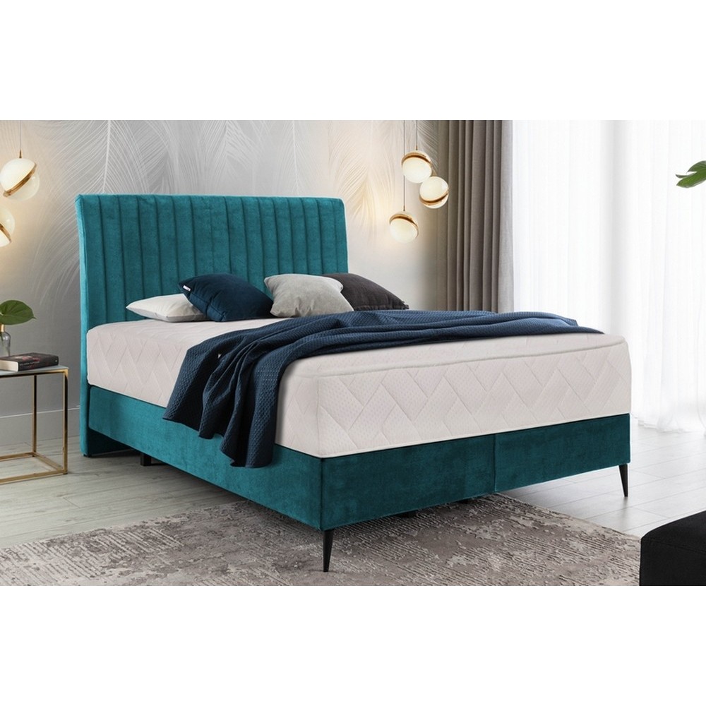 Ensemble lit + sommier + matelas BLASIO de VENESETTI - velours bleu turquoise - 140x200 cm