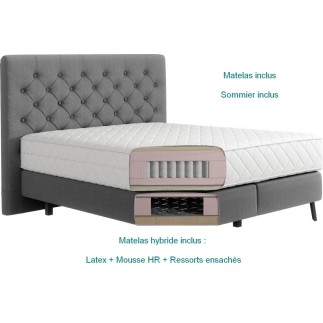 Ensemble lit + sommier + matelas - velours gris - 140x200 cm - CORSICA
