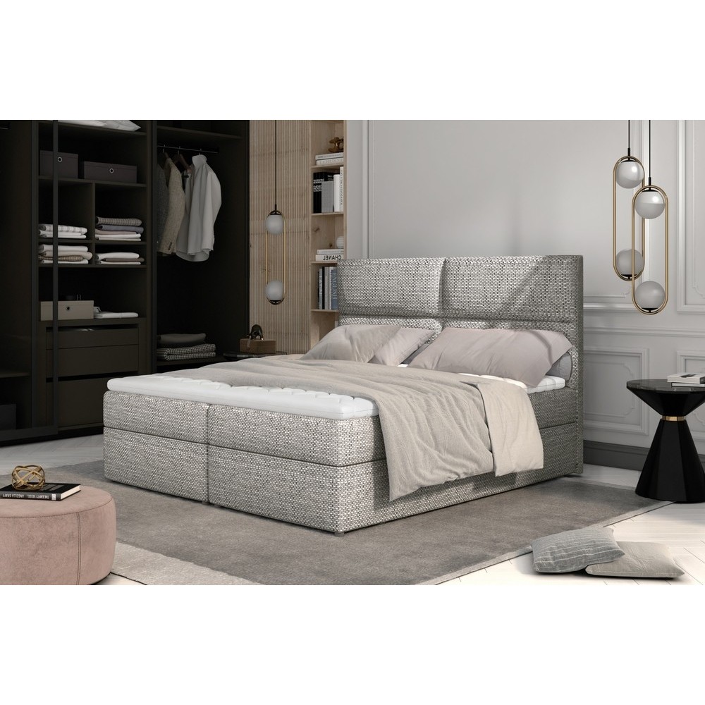 Ensemble boxspring complet tête de lit + sommiers + matelas + surmatelas AMARIS de VENESETTI - tissu luxe gris - 160x200 cm Ensemble boxspring complet tête de lit + sommiers + matelas + surmatelas AMARIS de VENESETTI - tissu luxe gris - 160x200 cm