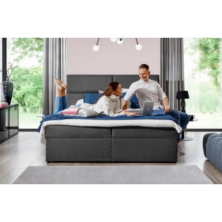 Ensemble boxspring complet tête de lit + sommiers + matelas + surmatelas AMARIS de VENESETTI - tissu luxe gris foncé - 140x200 c