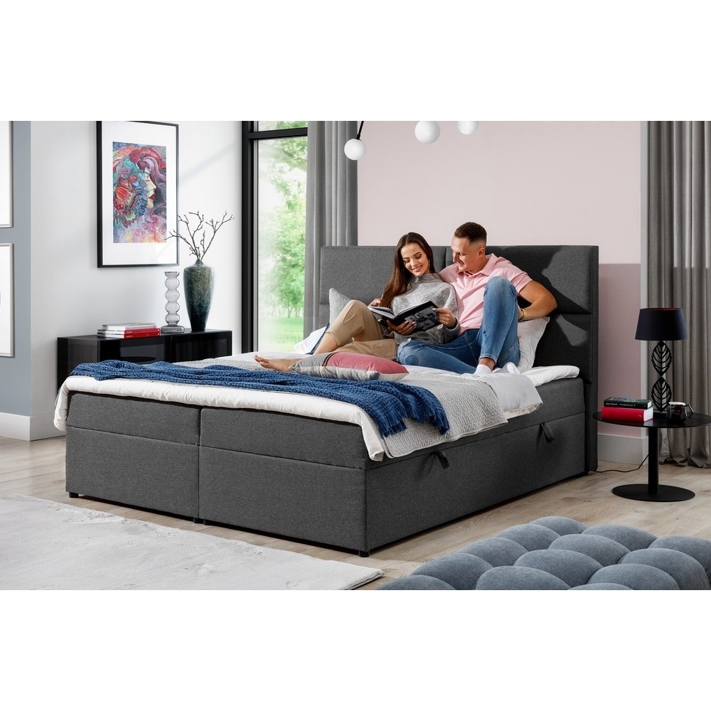 Ensemble boxspring complet tête de lit + sommiers + matelas + surmatelas AMARIS de VENESETTI - tissu luxe gris foncé - 160x200 c Ensemble boxspring complet tête de lit + sommiers + matelas + surmatelas AMARIS de VENESETTI - tissu luxe gris foncé - 160x200 c