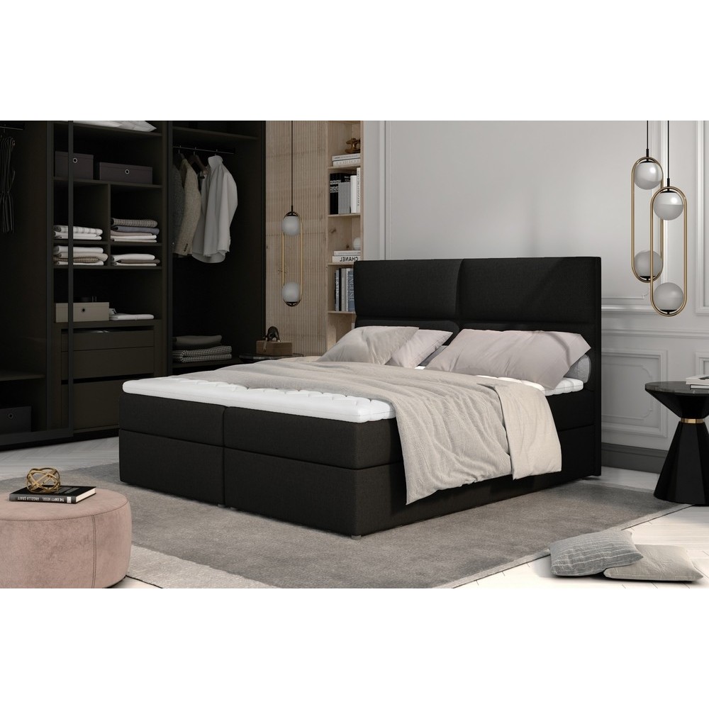 Ensemble boxspring complet tête de lit + sommiers + matelas + surmatelas AMARIS de VENESETTI - tissu luxe noir - 160x200 cm Ensemble boxspring complet tête de lit + sommiers + matelas + surmatelas AMARIS de VENESETTI - tissu luxe noir - 160x200 cm