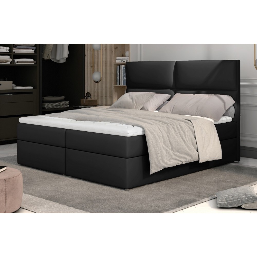 Ensemble boxspring complet tête de lit + sommiers + matelas + surmatelas AMARIS de VENESETTI - simili cuir noir - 160x200 cm Ensemble boxspring complet tête de lit + sommiers + matelas + surmatelas AMARIS de VENESETTI - simili cuir noir - 160x200 cm