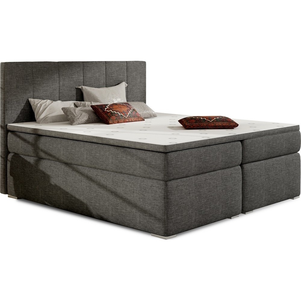 Ensemble boxspring complet tête de lit + sommiers + matelas + surmatelas BORIS de VENESETTI - tissu luxe gris foncé - 140x200 cm