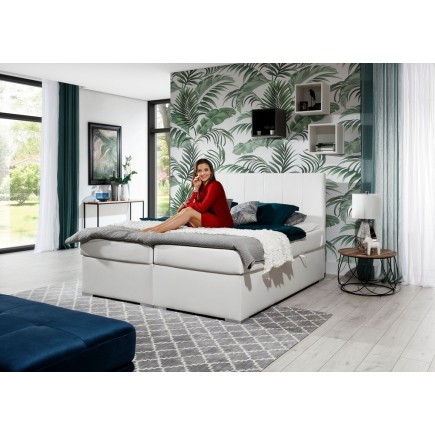 Ensemble boxspring complet tête de lit + sommiers + matelas + surmatelas BORIS de VENESETTI - simili cuir blanc - 180x200 cm