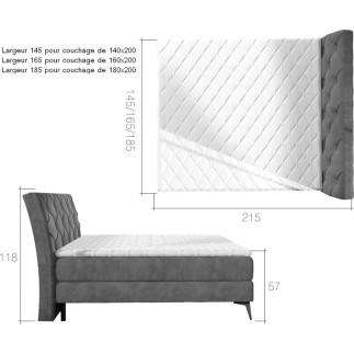 Ensemble boxspring complet tête de lit + sommiers + matelas + surmatelas LAMBERT de VENESETTI - tissu luxe gris foncé - 160x200