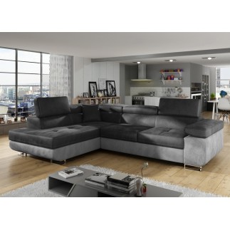 1er paiement de la commande : canapé d'angle convertible en tissu luxe 5 places, avec coffre, gris foncé / gris clair, angle gau