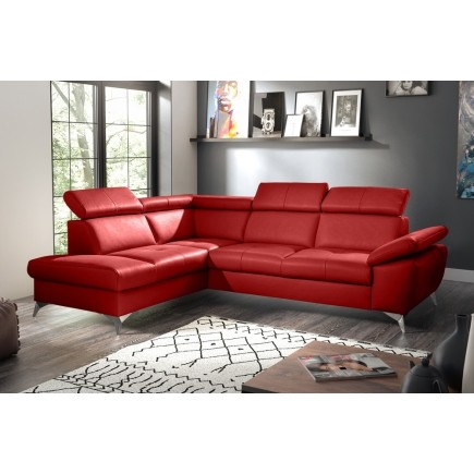 - Canapé d'angle convertible en cuir italien de luxe 5 places MILOS, avec coffre, rouge foncé, angle gauche (vu de face)