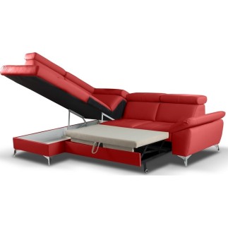- Canapé d'angle convertible en cuir italien de luxe 5 places MILOS, avec coffre, rouge foncé, angle gauche (vu de face)