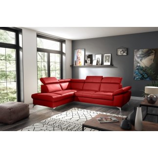 - Canapé d'angle convertible en cuir italien de luxe 5 places MILOS, avec coffre, rouge foncé, angle gauche (vu de face)