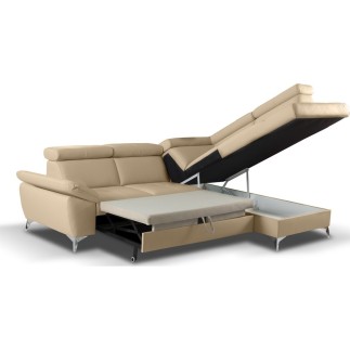 Canapé d'angle convertible en cuir italien de luxe 5 places MILOS, avec coffre, beige, angle droit